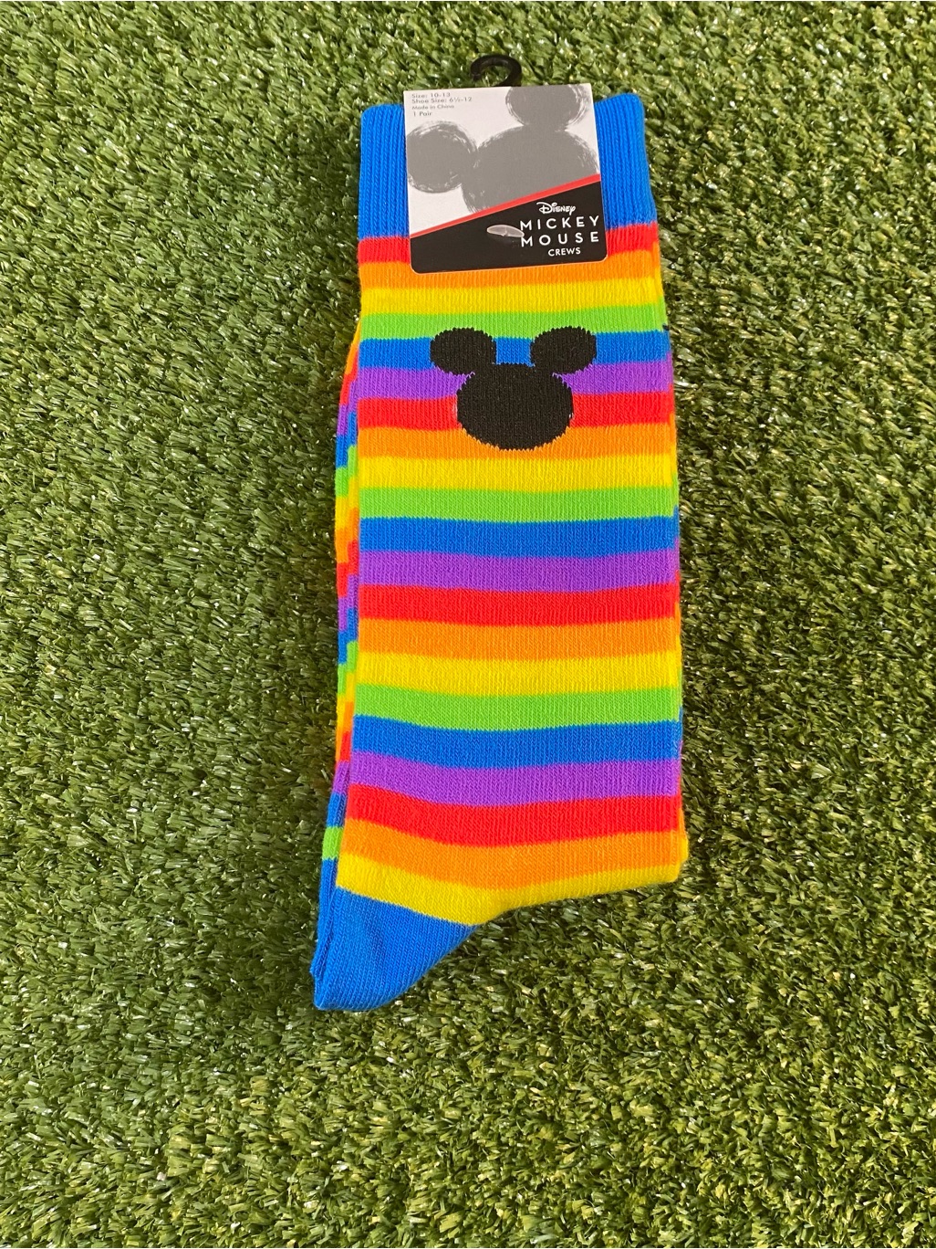 Disney Rainbow Striped Crew Socks With Black Mickey Silhouette - Blue Accent